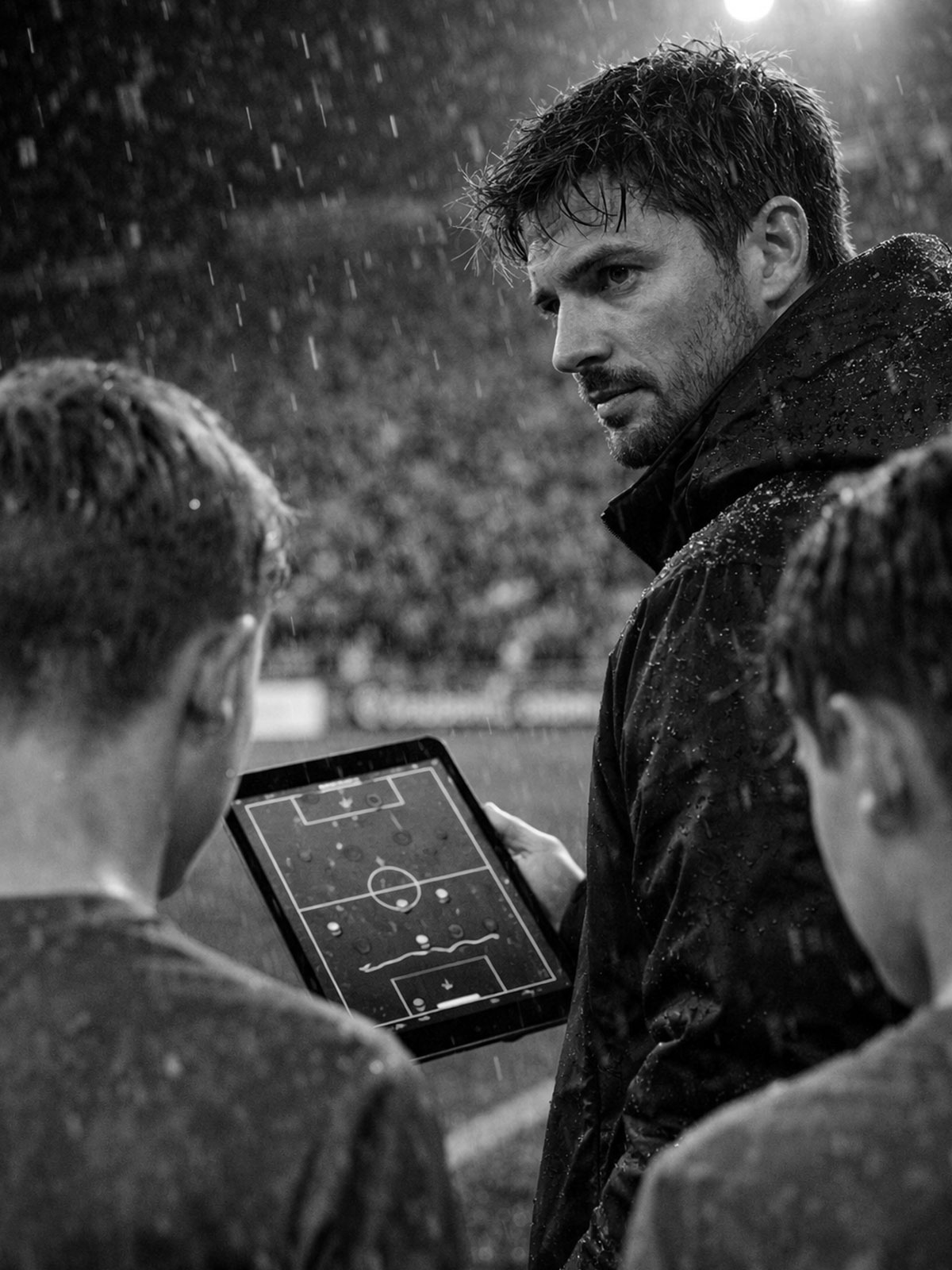Trainer am Tablet zeigt Aufstellung